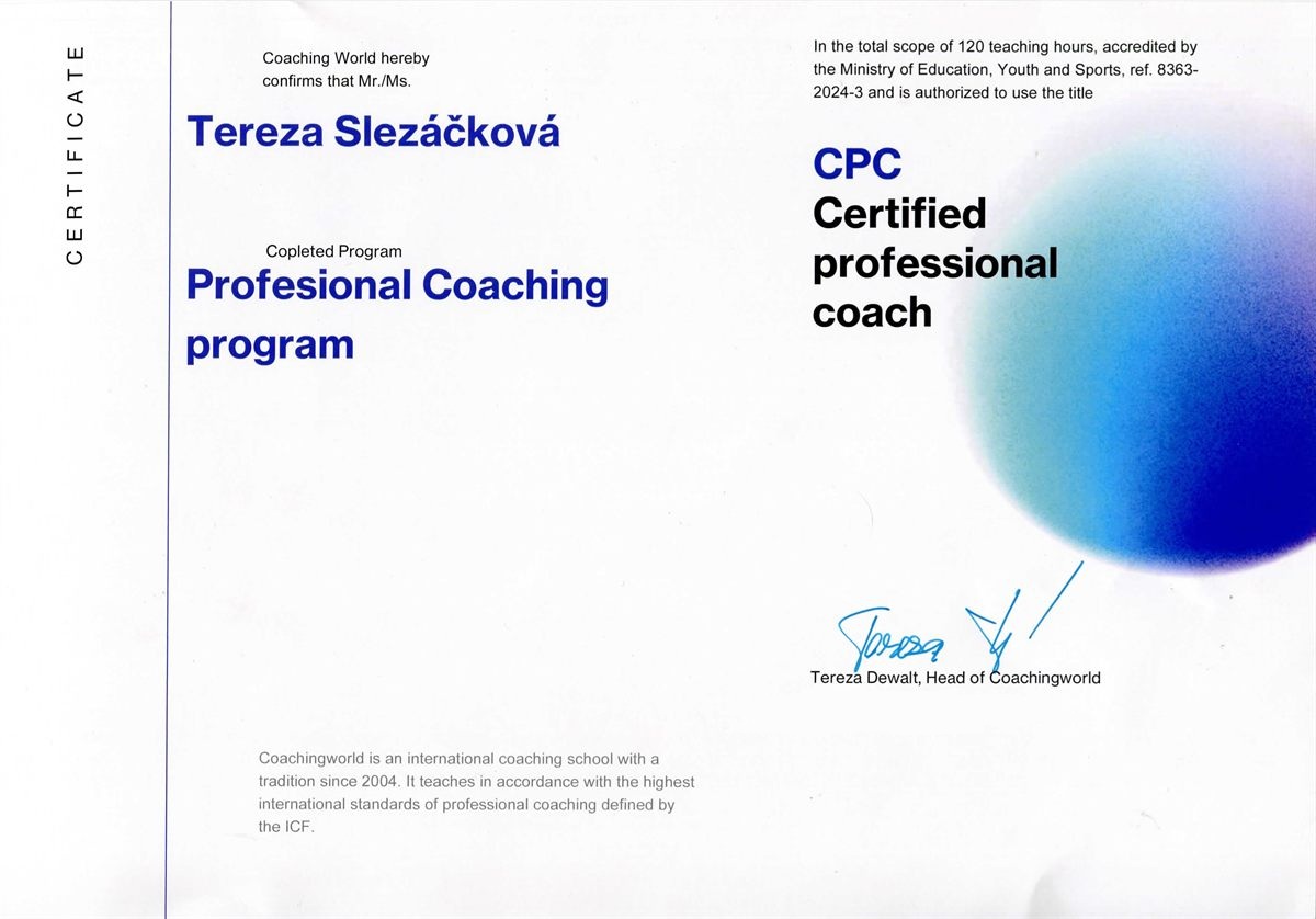 Certifikát Certified Professional Coach – Tereza Slezáčková, Coachingworld
